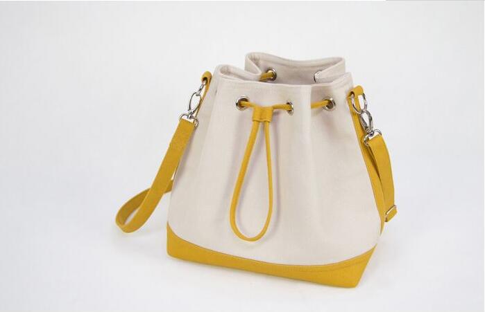 White Canvas Standard Size Cotton Bucket Bag Shoulder Canvas Bag With Leather Trim